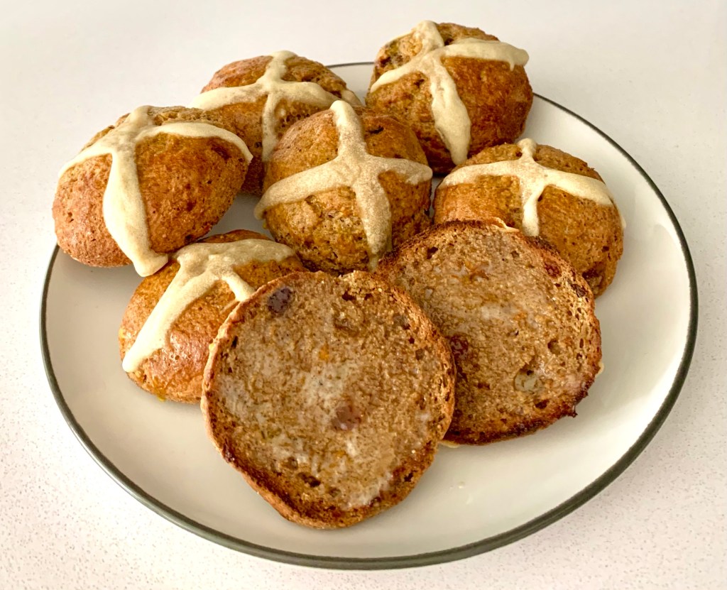 Keto hot cross buns, toasted with butter